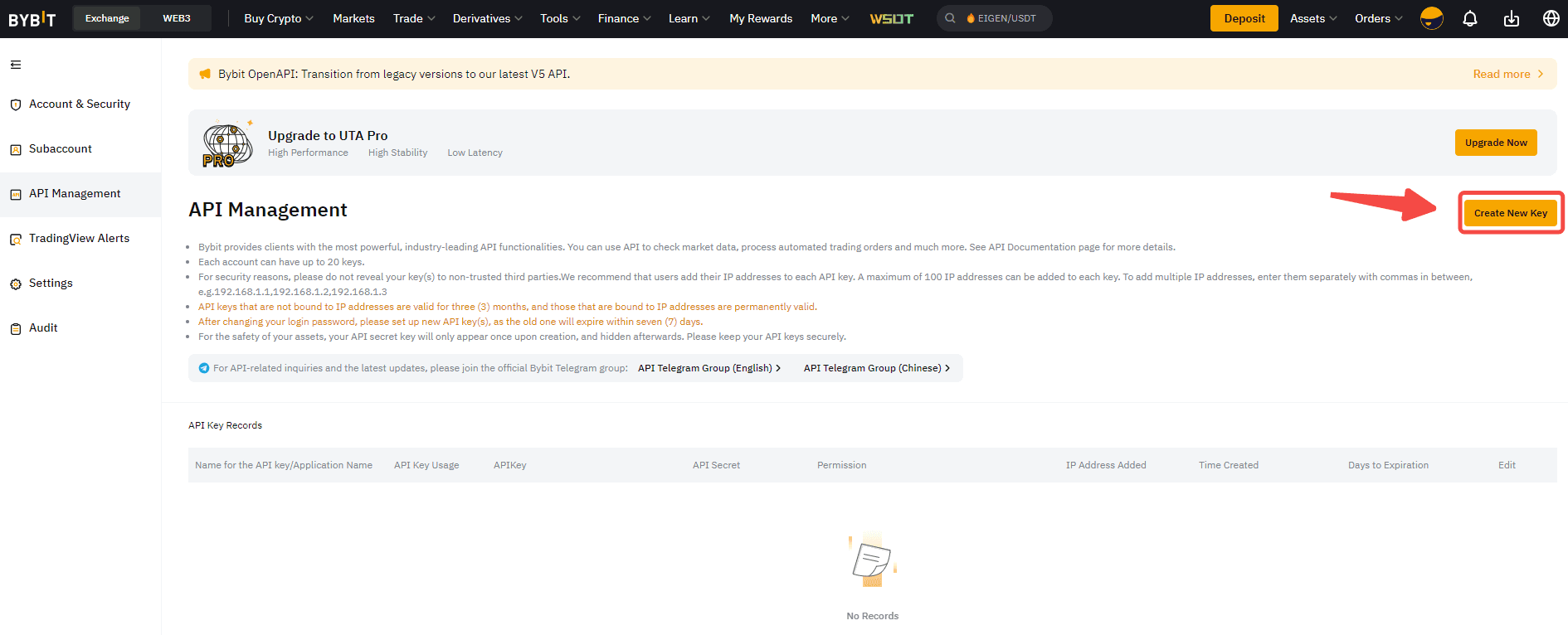 Connect your Bybit API to CryptiDex, step by step - Create New Key